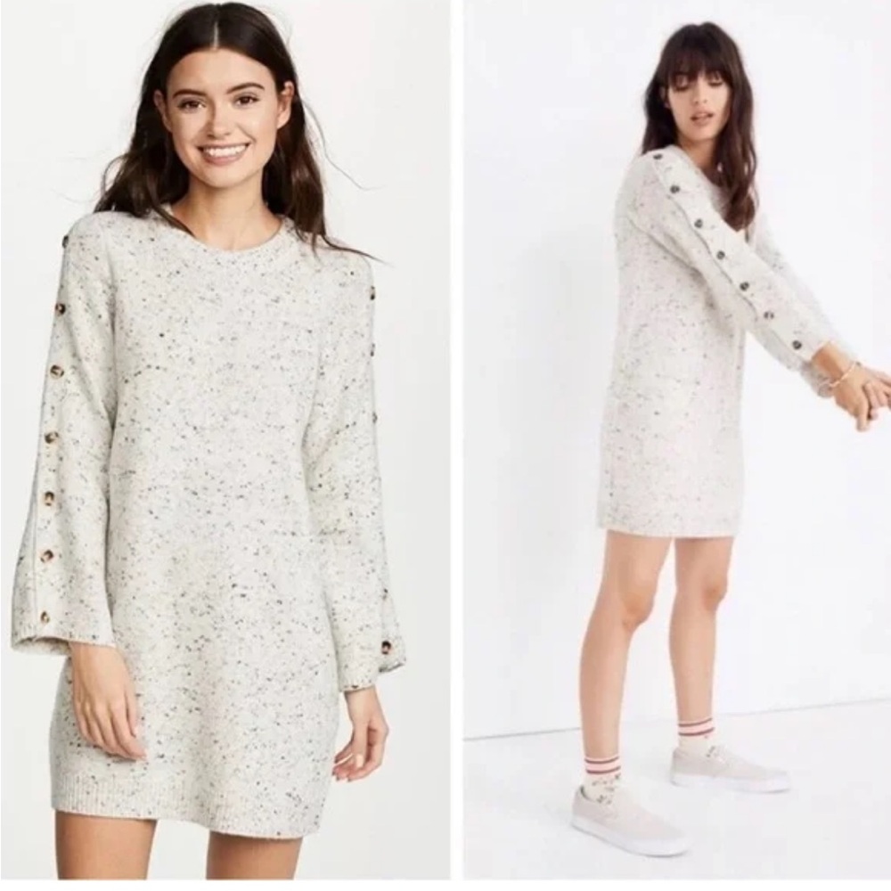 Madewell Marled Ivory Knit Mini Dress with Button-Sleeve Detail